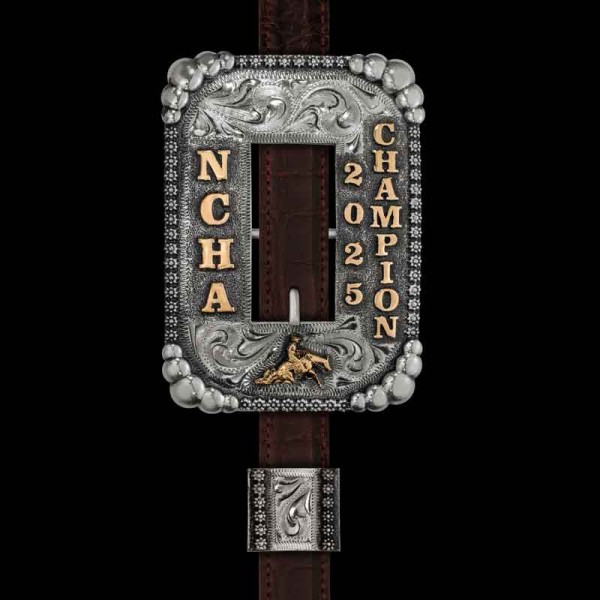 Our Shire Headstall Buckle showcases a traditional headstall style. Handcrafted on a German Silver base, it features a classic berry and five-bead edge, Jeweler's Bronze figure and custom lettering. To complete this design, we've added our signature antiq
